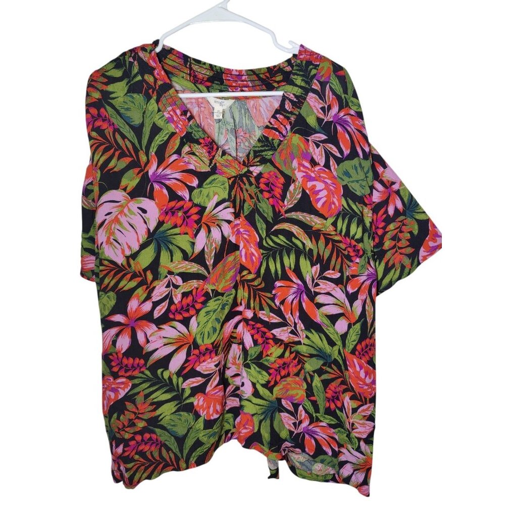Terra‎ & Sky Tropical Multicolor Flutter Sleeve V-Neck Top 2X (20-22W) NWT